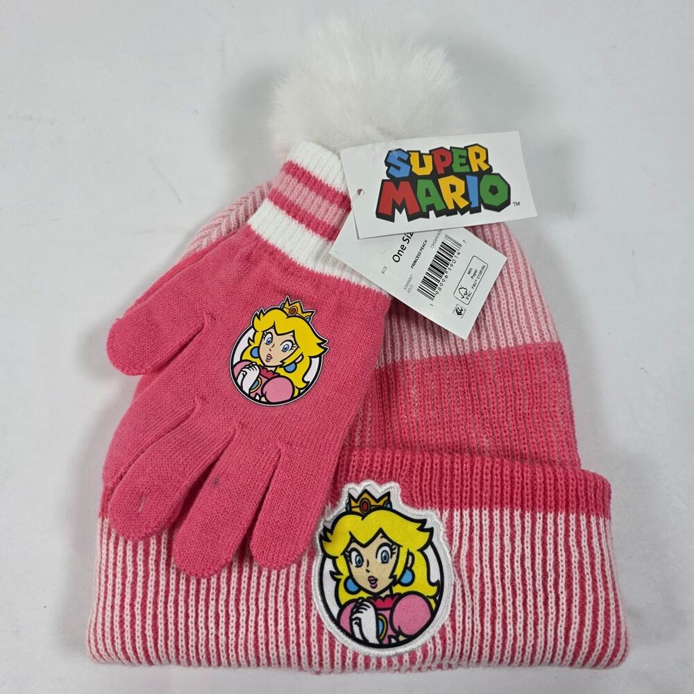 Nintendo Super Mario Princess Peach Beanie Hat & Gloves Set NWT